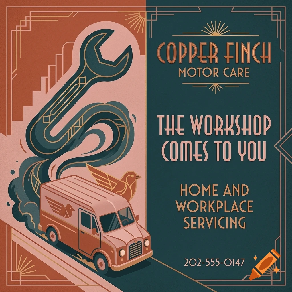 An Art Deco style advertisement for Copper Finch Motor Care featuring a wrench, a service van, a bird, and text.