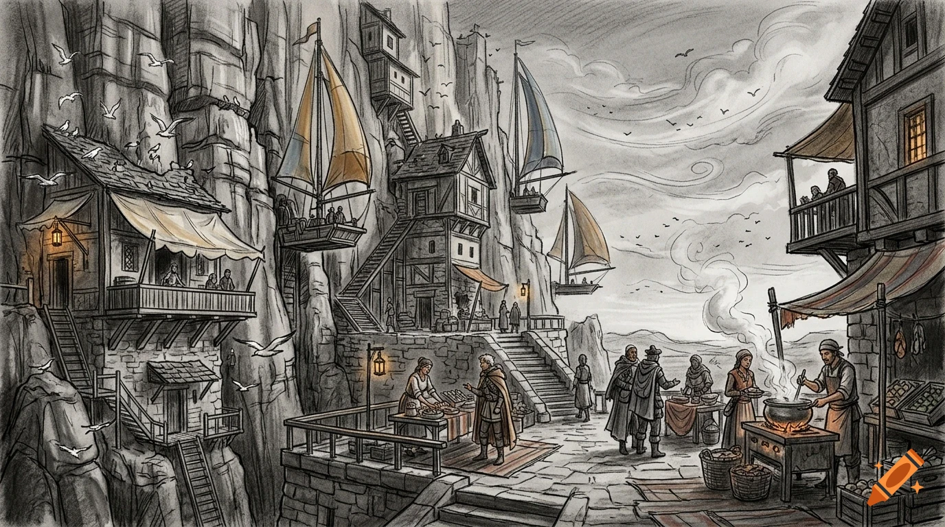 Sketch of a bustling fantasy port town carved into a rocky cliffside, with suspended boats, buildings, and people shopping at market stalls.