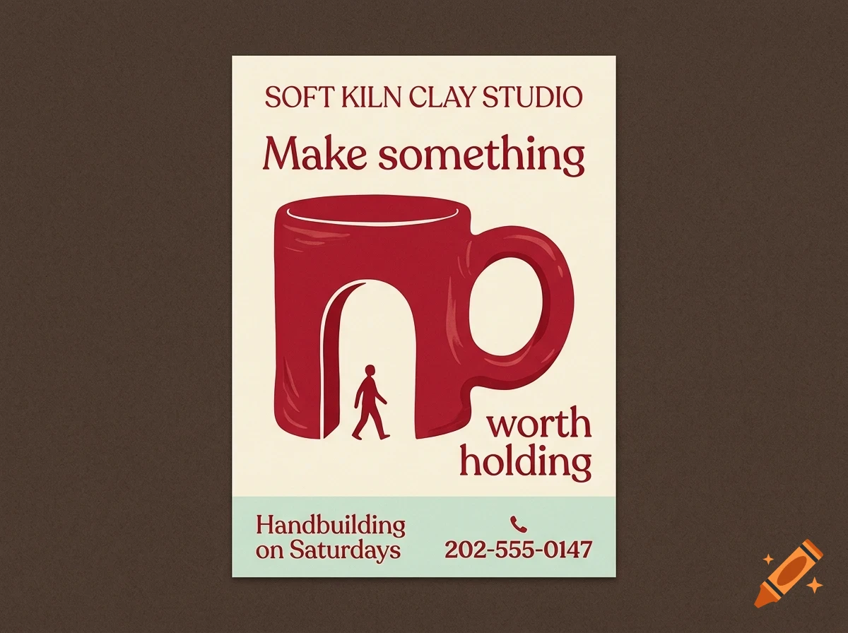 A poster for Soft Kiln Clay Studio featuring a large red mug with an arched cutout framing a walking figure, and the text Make something worth holding.