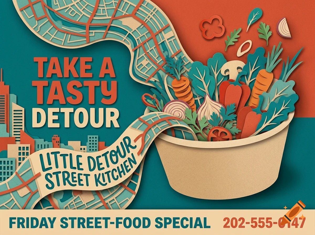 A stylized paper-cut illustration of a bowl filled with vegetables and a map-like ribbon with the text TAKE A TASTY DETOUR and LITTLE DETOUR STREET KITCHEN.