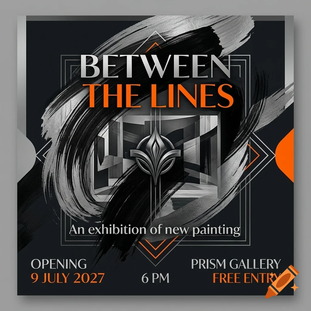 An exhibition poster titled BETWEEN THE LINES with abstract brush strokes, geometric frames, and event details.