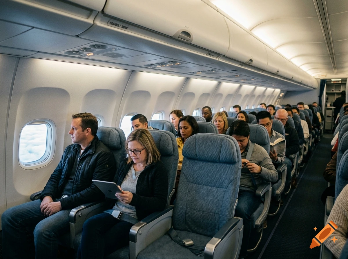 Interior of a commercial airplane cabin filled with passengers seated in rows, looking out windows or using devices.