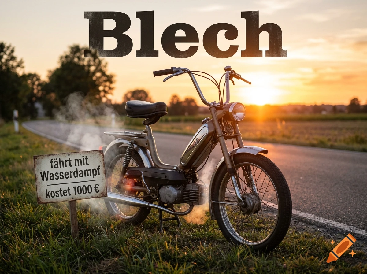 An old moped parked on a rural road during a golden sunset, with German text overlaid.