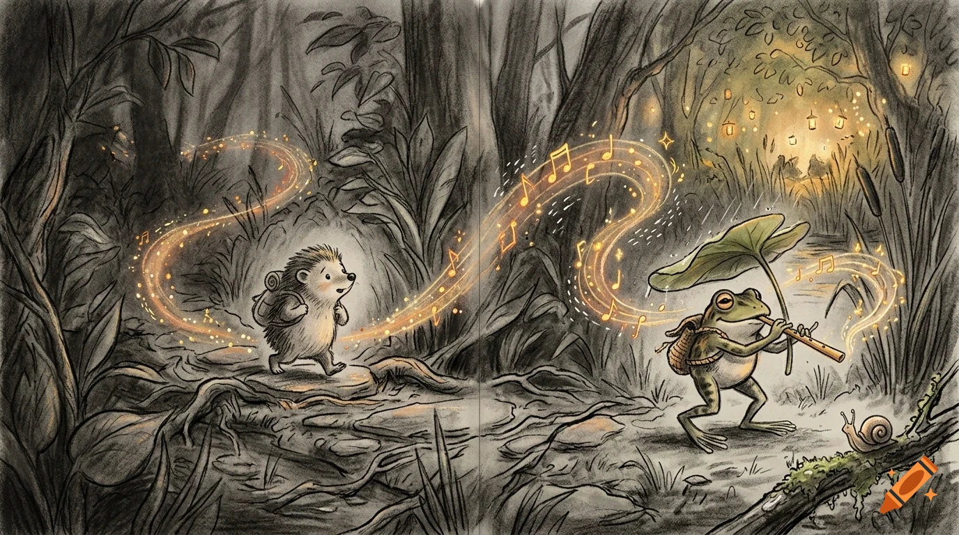 An illustrated woodland scene with a hedgehog walking and a frog playing a flute, glowing with magical light and musical notes.