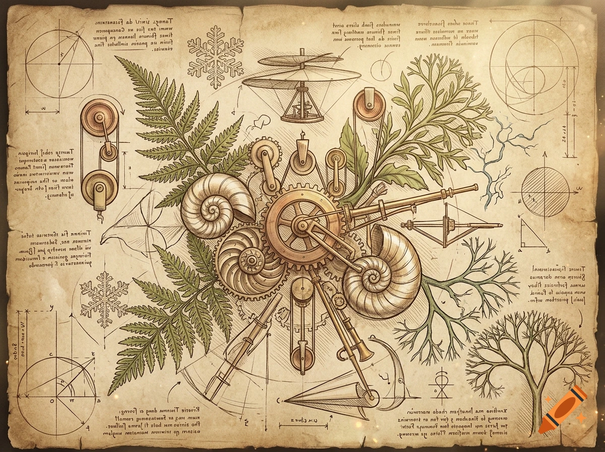 Da Vinci style technical drawing with gears, ferns, seashells, and geometric diagrams on aged paper.
