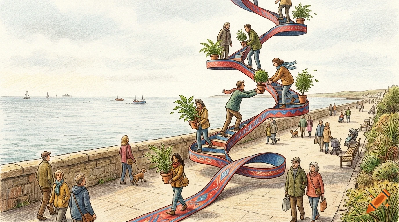 An illustrated scene of people walking along a coastal promenade and climbing a winding, ribbon-like staircase carrying potted plants by the sea.