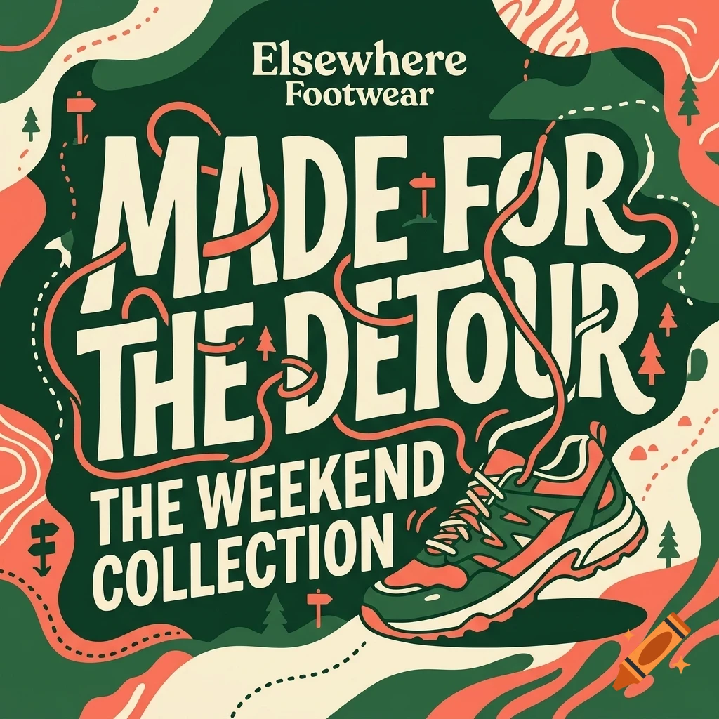 An illustrated poster for Elsewhere Footwear featuring the text "MADE FOR THE DETOUR THE WEEKEND COLLECTION", a sneaker, and a winding path with trees.