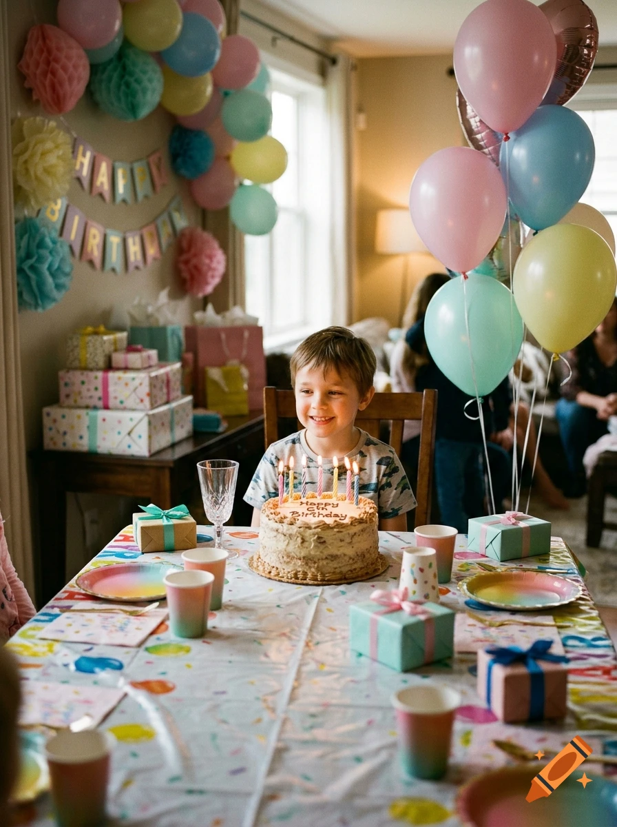 A smiling young boy sitting at a birthday table with a cake and balloons in a cozy room.