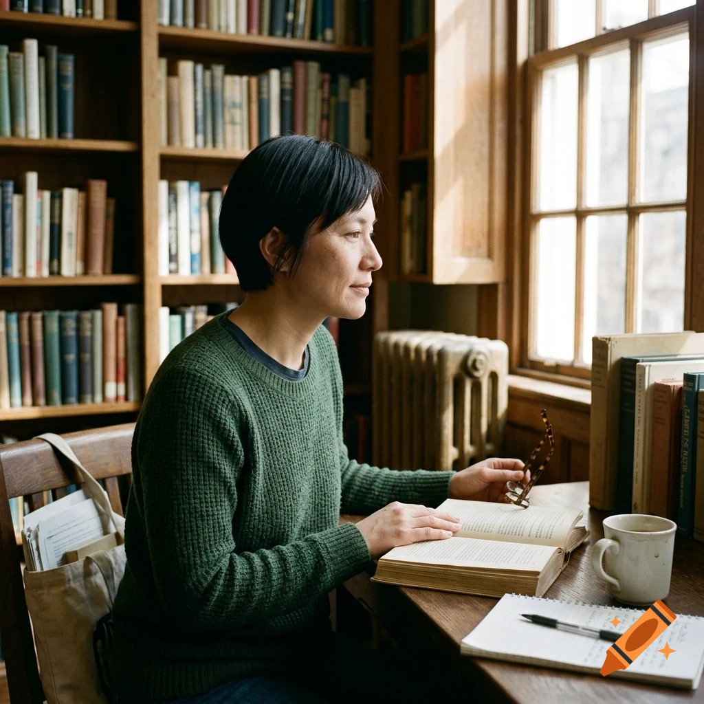 A person reading a book at a wooden desk in a library with bookshelves and a window in the background.