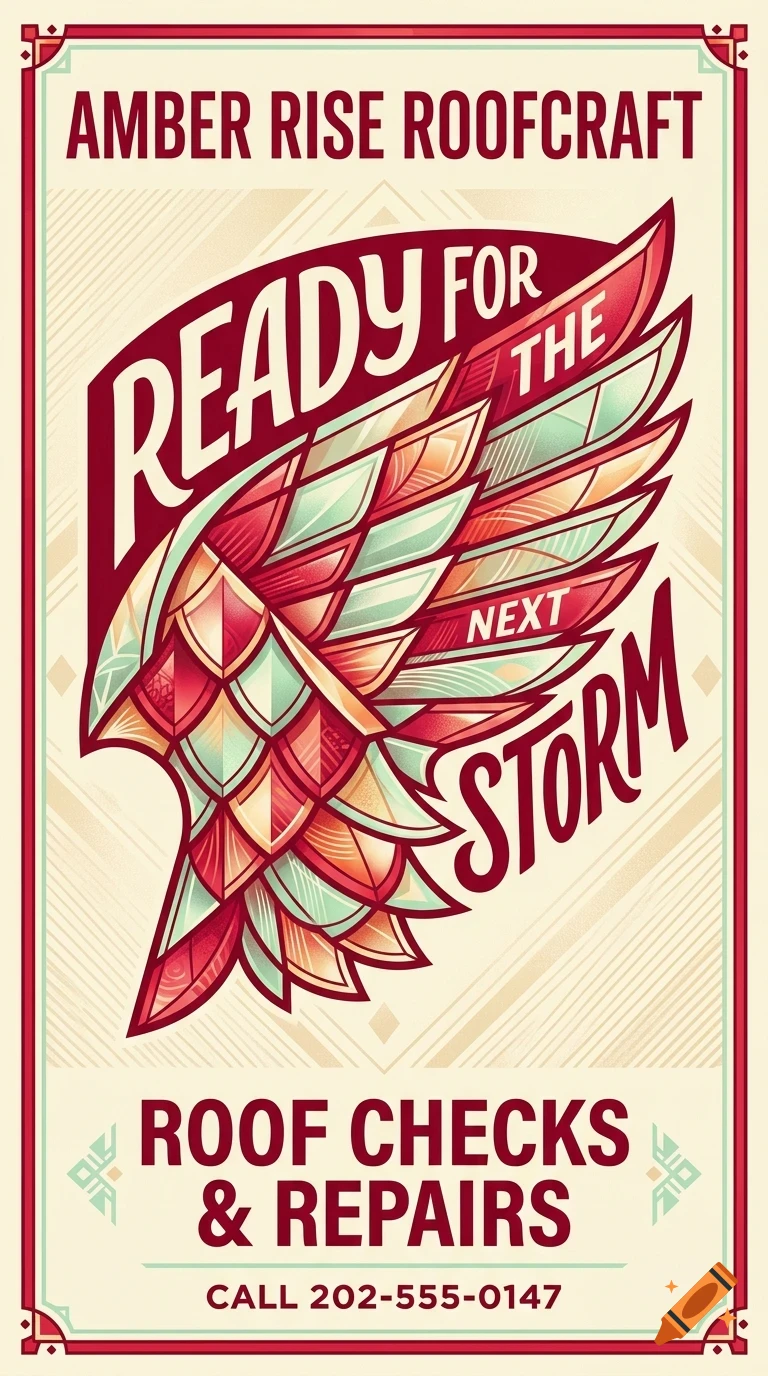 An illustrative poster with the text AMBER RISE ROOFCRAFT and READY FOR THE NEXT STORM featuring a stylized wing design and roof repair details.