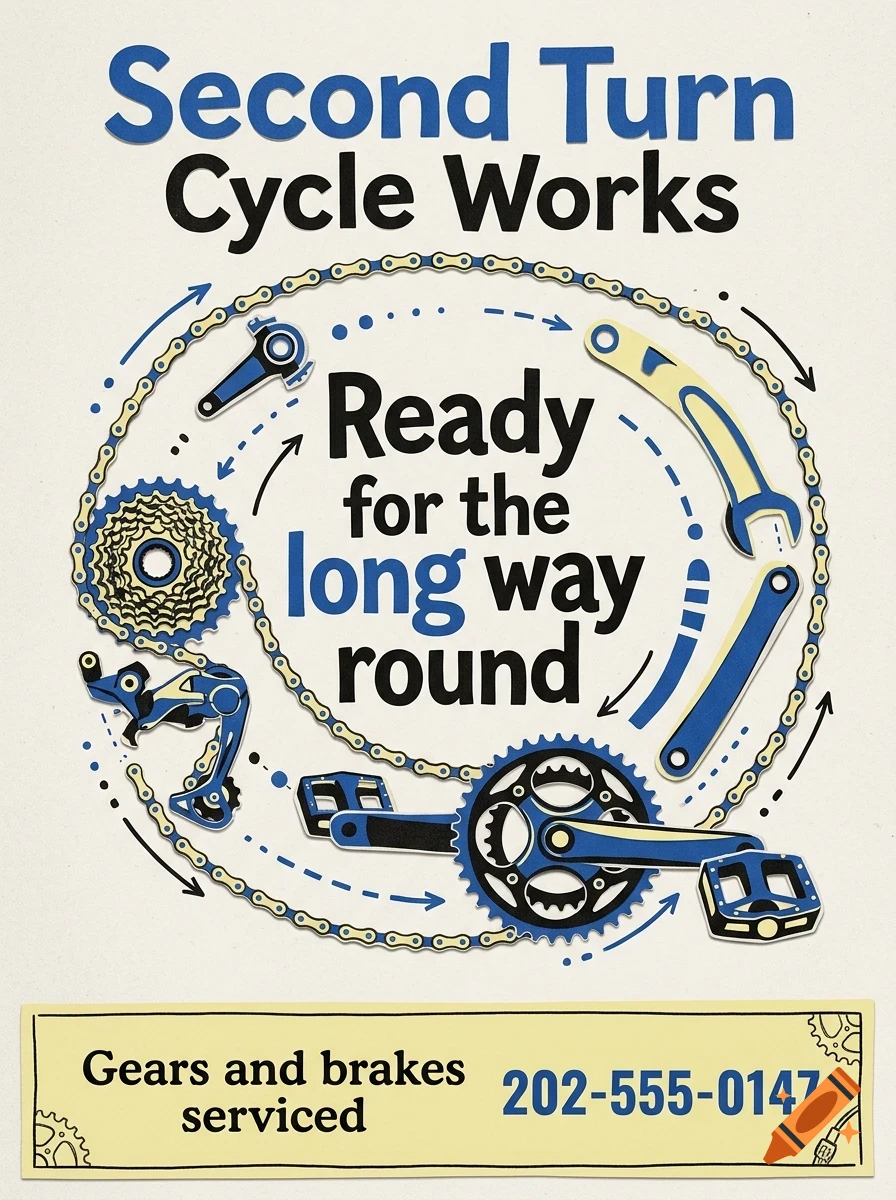 An advertisement for Second Turn Cycle Works showing bicycle parts forming a circle with text reading Ready for the long way round.