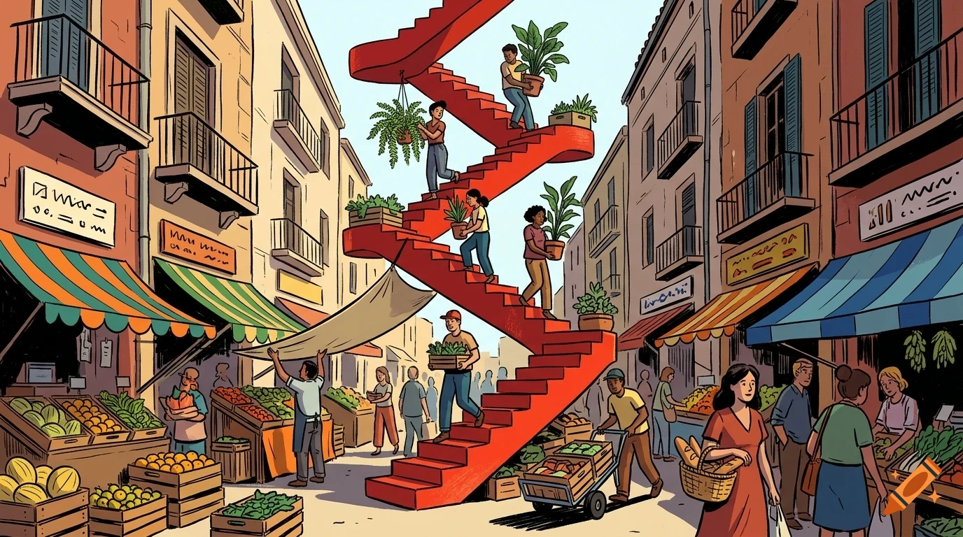An illustrated street market with people carrying plants on a large red spiral staircase winding upward between buildings.