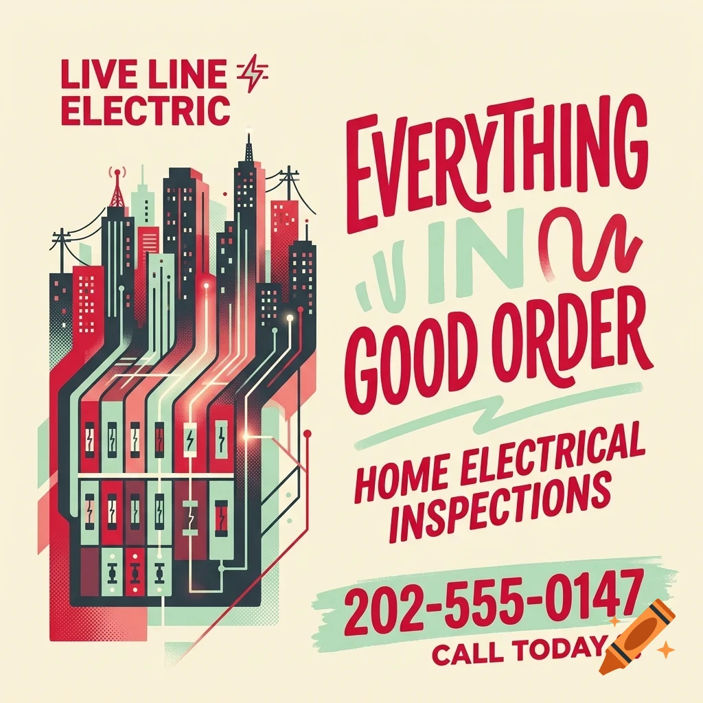 An advertisement for Live Line Electric showing a stylized city skyline integrated with electrical circuits, alongside the text Everything in good order.