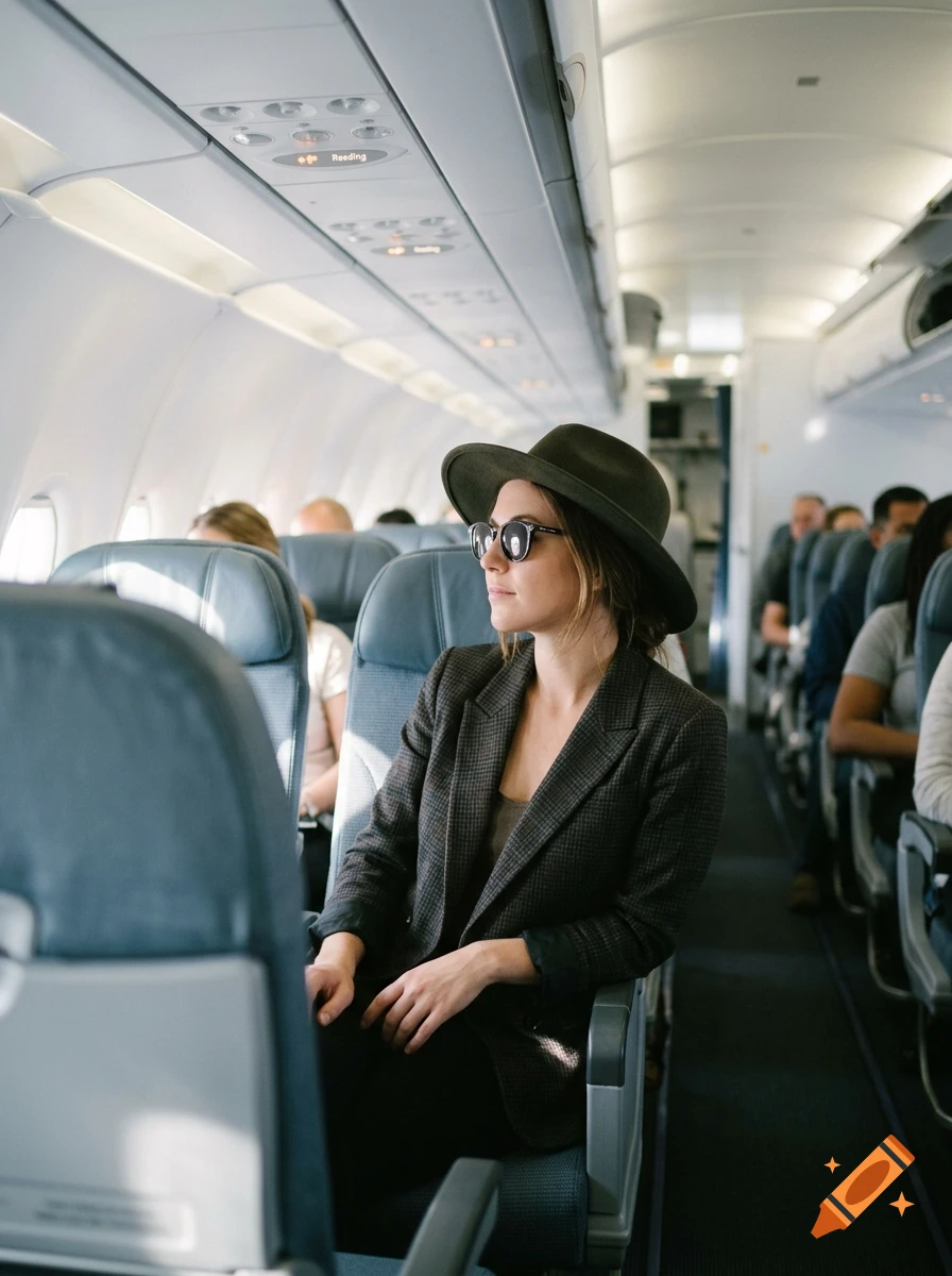 A woman wearing a hat and sunglasses sitting in an airplane cabin.