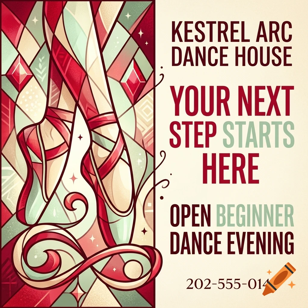 An illustrated poster advertising Kestrel Arc Dance House featuring ballet shoes and text.
