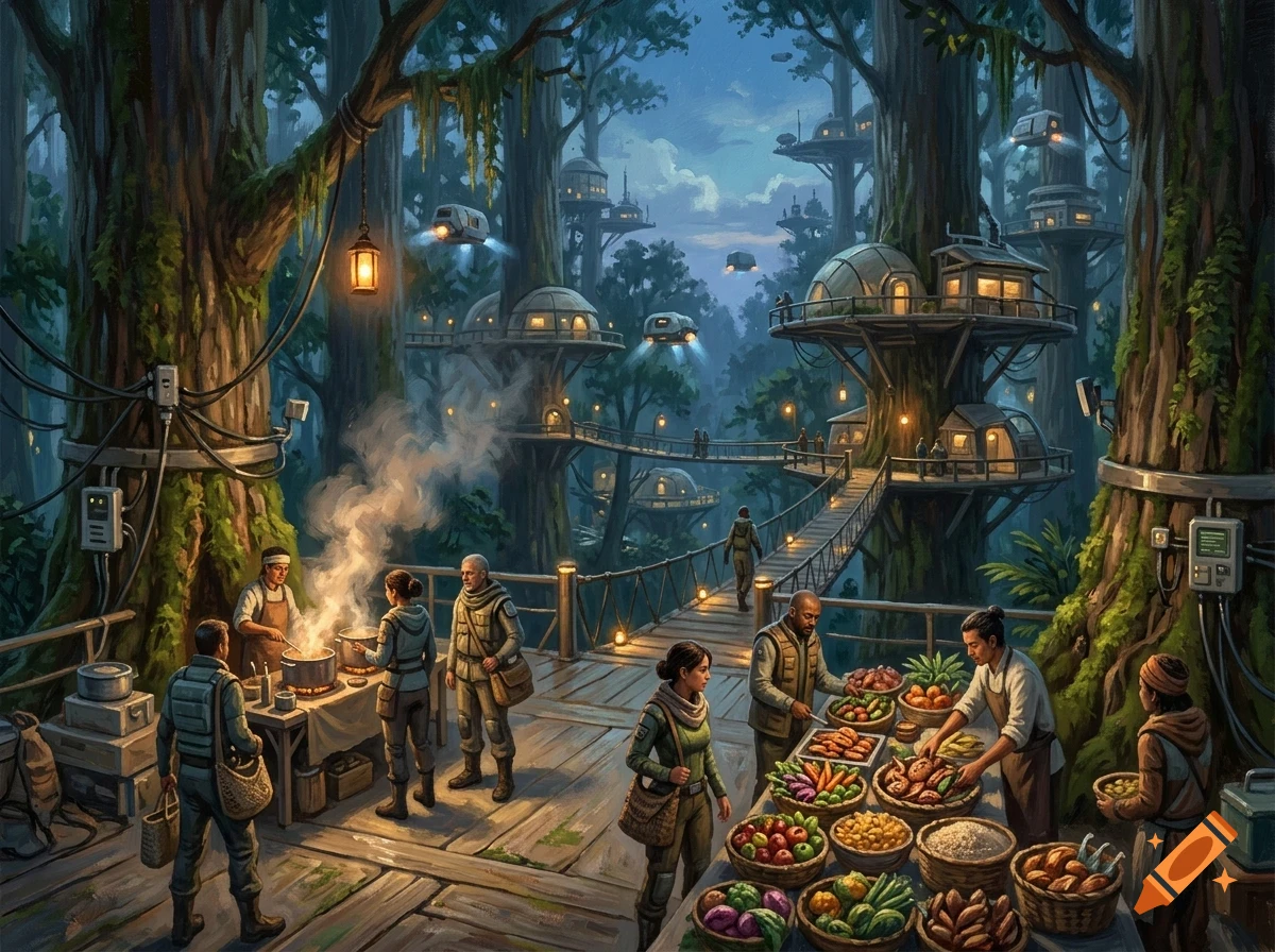 A bustling treetop village market in a dense forest at dusk, with people shopping and cooking amid large glowing lanterns and futuristic pods.