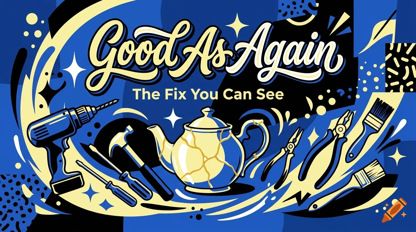 An illustrated vector poster with blue and yellow tones featuring tools, a cracked teapot, and lettering that reads Good As Again.