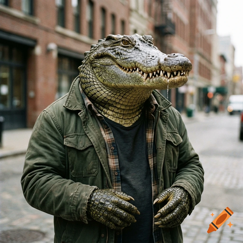 Photorealistic image of a man with a realistic alligator head wearing a green jacket on a city street.