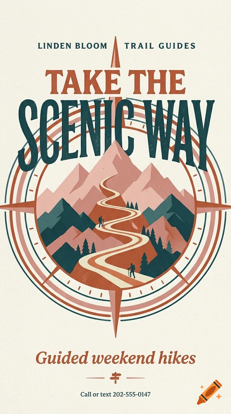 A poster featuring a compass rose and mountains with a winding trail, accompanied by the text 'Take the Scenic Way'.