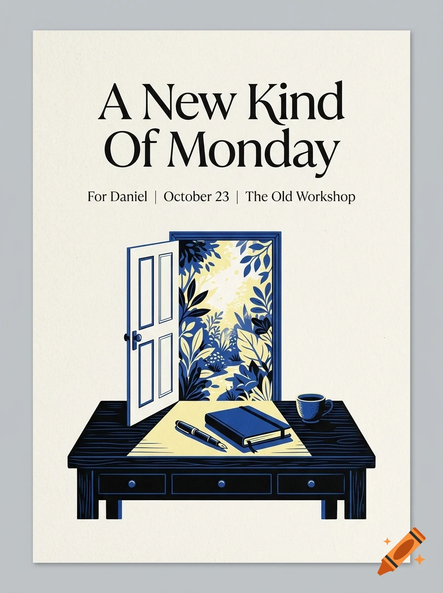 An illustrated poster with the title A New Kind Of Monday, showing a desk with a notebook, pen, and cup, and an open door revealing a leafy blue forest.