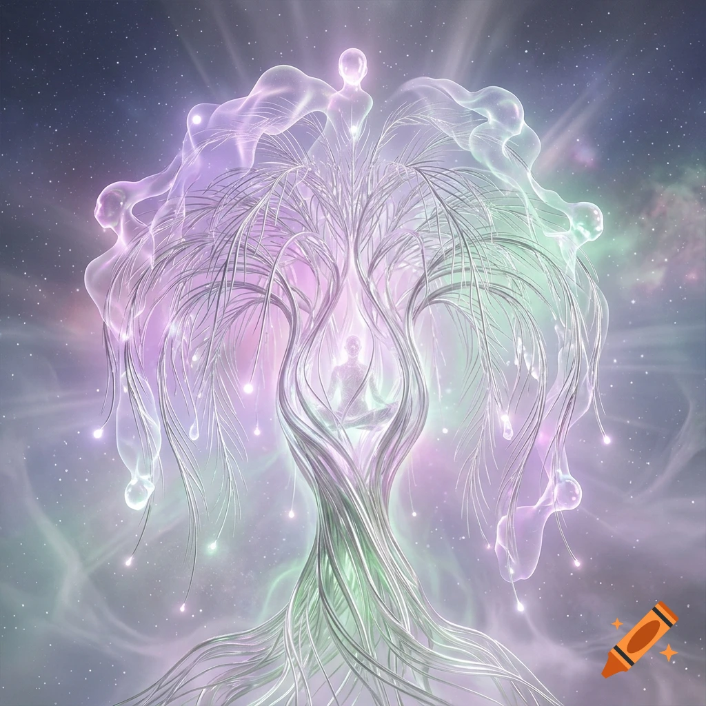 Conceptual fantasy art of a glowing ethereal tree made of silver with plasma light figures in a starry cosmic background.