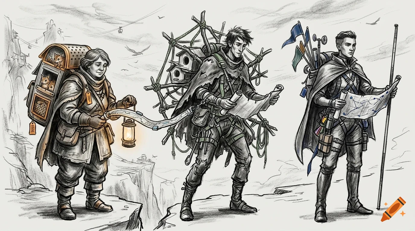 An ink and pencil style illustration of three fantasy adventurers carrying gear and maps across a mountainous landscape.