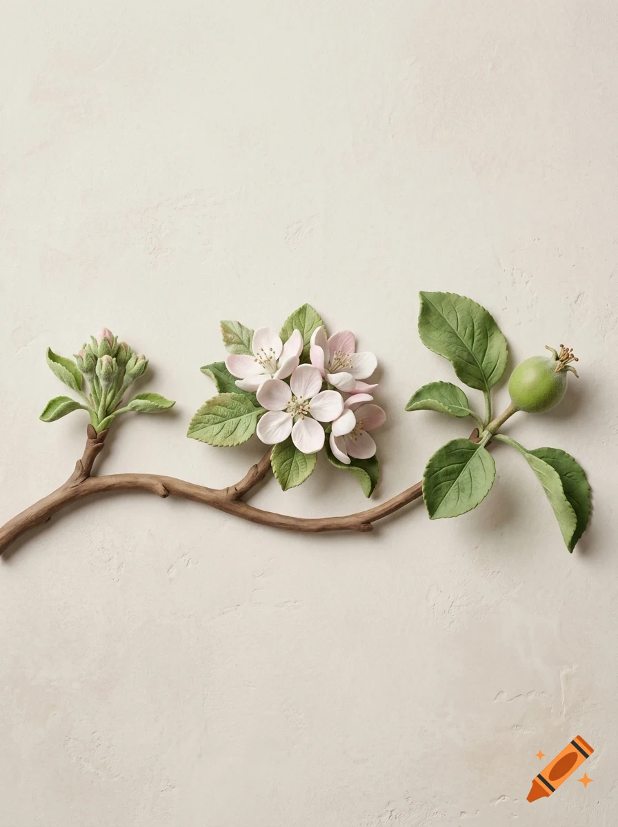 A close-up studio shot of a sculpted branch with buds, pink and white apple blossoms, green leaves, and a small green apple on a neutral textured background.