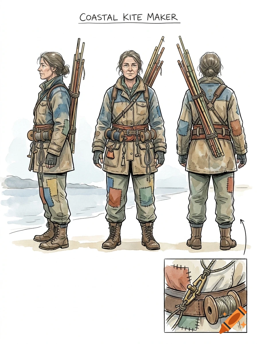 Character design sheet for a coastal kite maker, showing multiple angles and a belt detail.