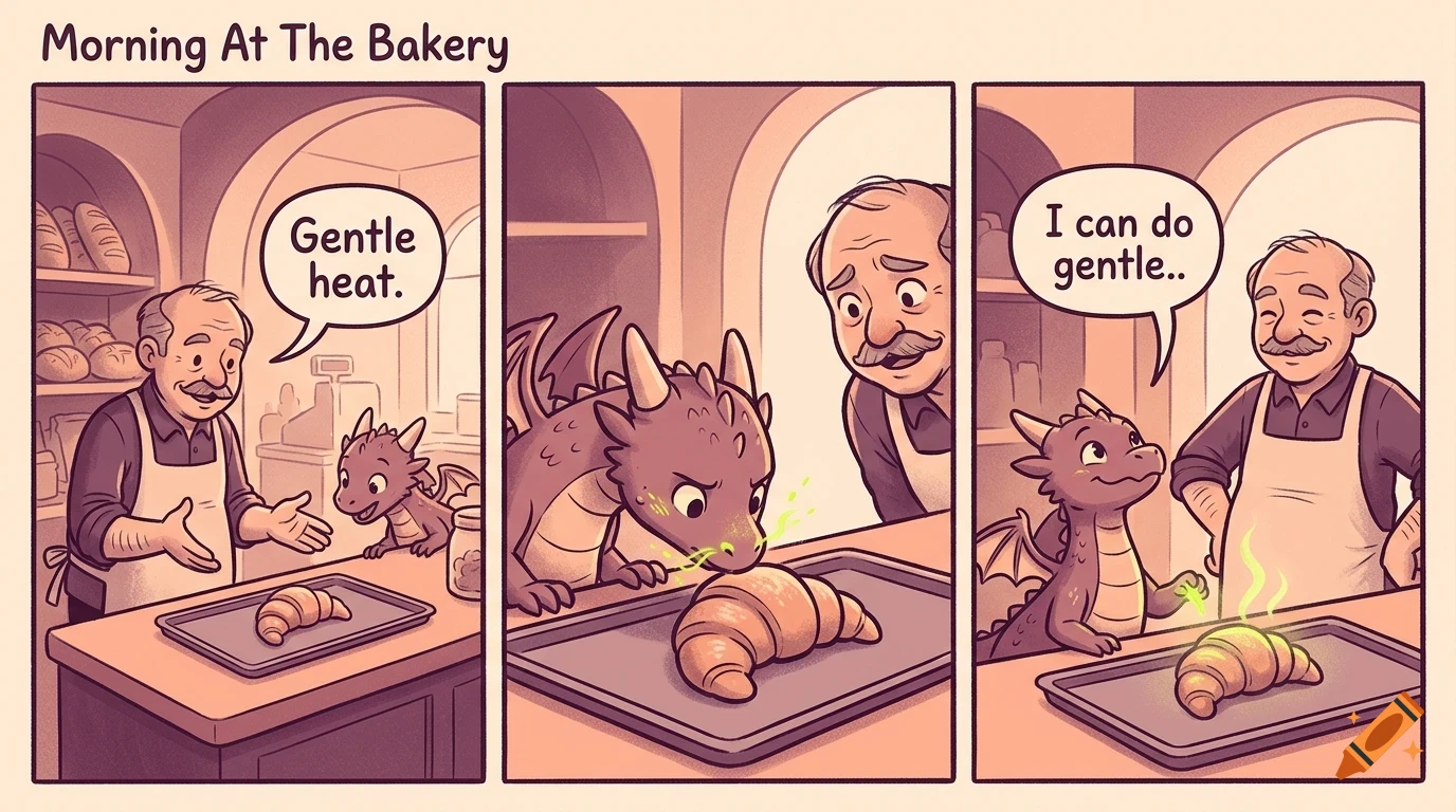 A three-panel comic strip titled 'Morning At The Bakery' showing a baker talking to a small dragon who uses its breath to warm a croissant.
