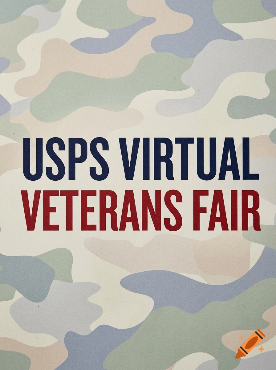 Text graphic reading 'USPS VIRTUAL VETERANS FAIR' in navy blue and dark red over a pastel camouflage background.