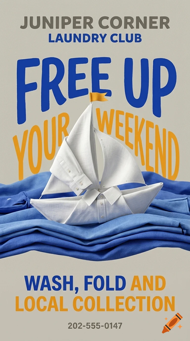 An advertisement for Juniper Corner Laundry Club featuring a toy sailboat folded from a white shirt resting on blue fabric waves.