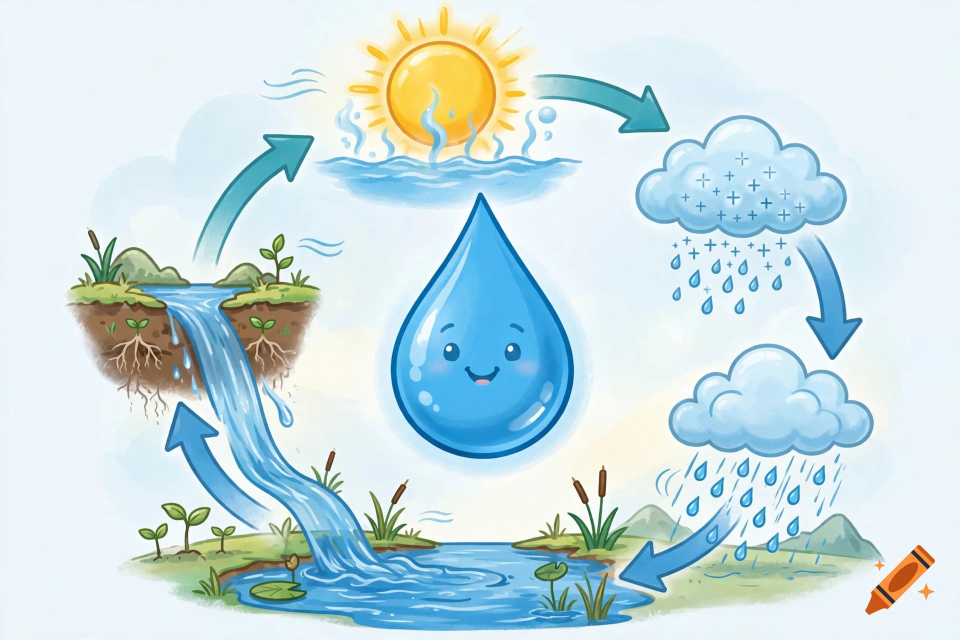 Educational watercolor illustration of the water cycle featuring a cute smiling water droplet, sun, and clouds.