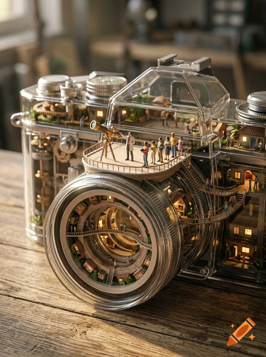 A detailed miniature world built inside a transparent camera, featuring tiny buildings, a village inside the lens, and people observing through a telescope.