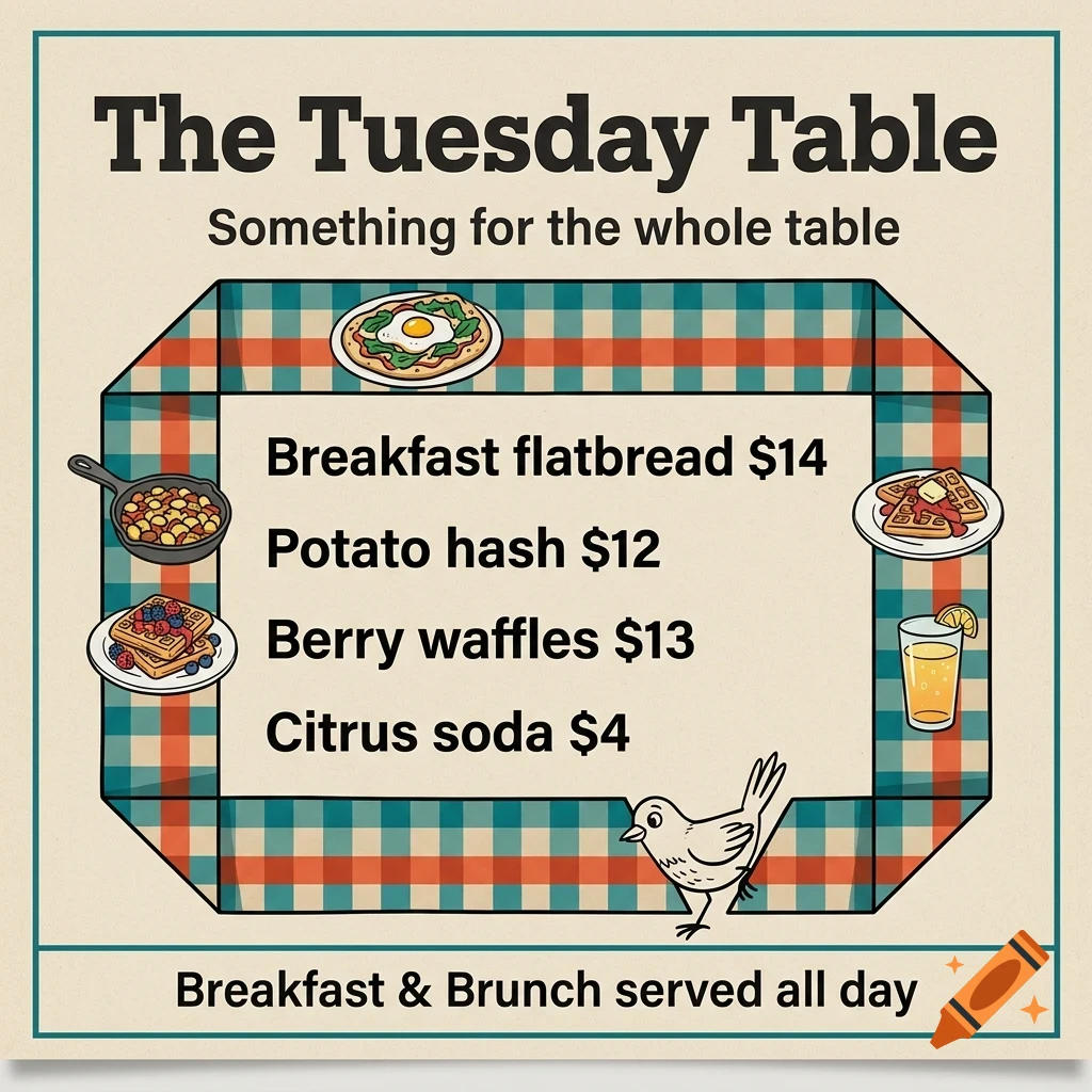 An illustrated menu titled The Tuesday Table featuring breakfast food items, prices, and a small bird.