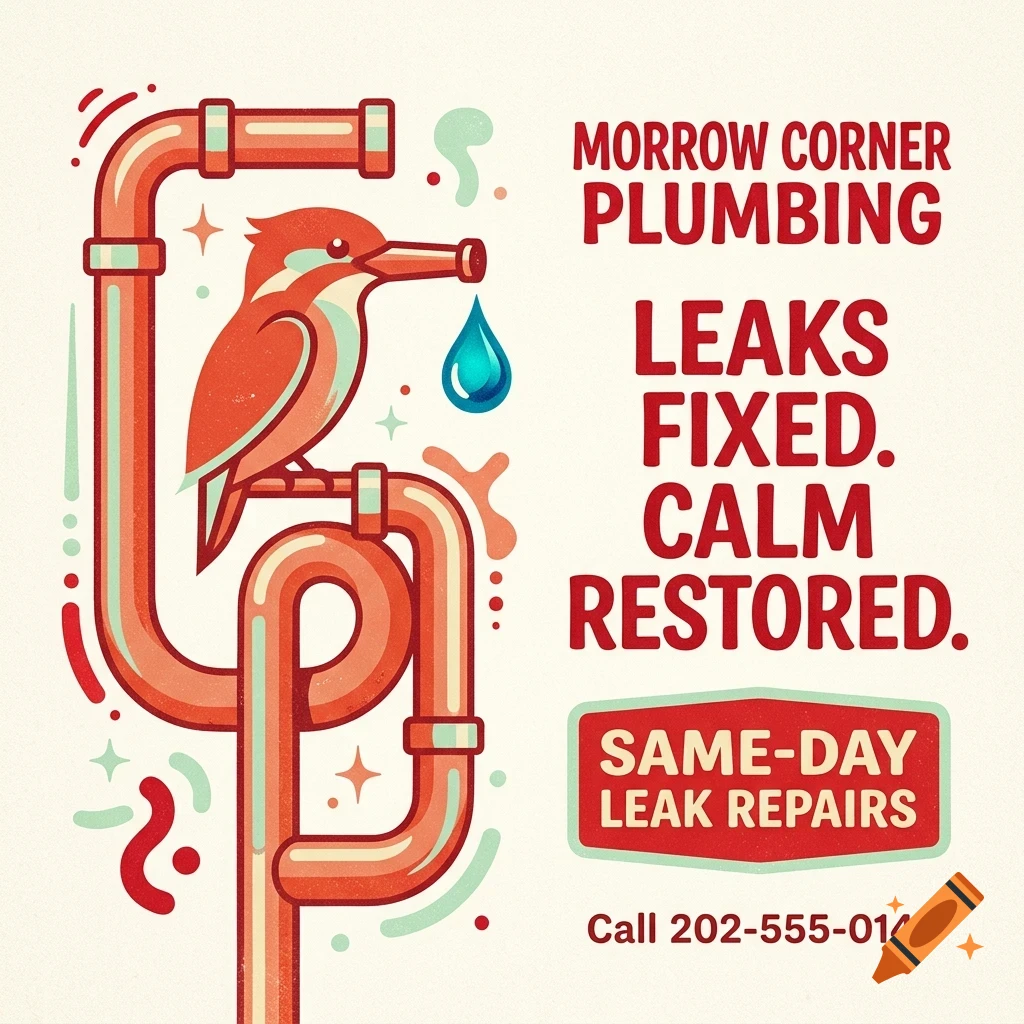 An illustration of a red bird perched on copper plumbing pipes with a water droplet coming from its beak, alongside text for Morrow Corner Plumbing.