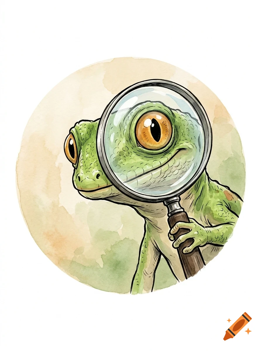 A green gecko looking through a magnifying glass held in its hand, with its eye enlarged through the glass.