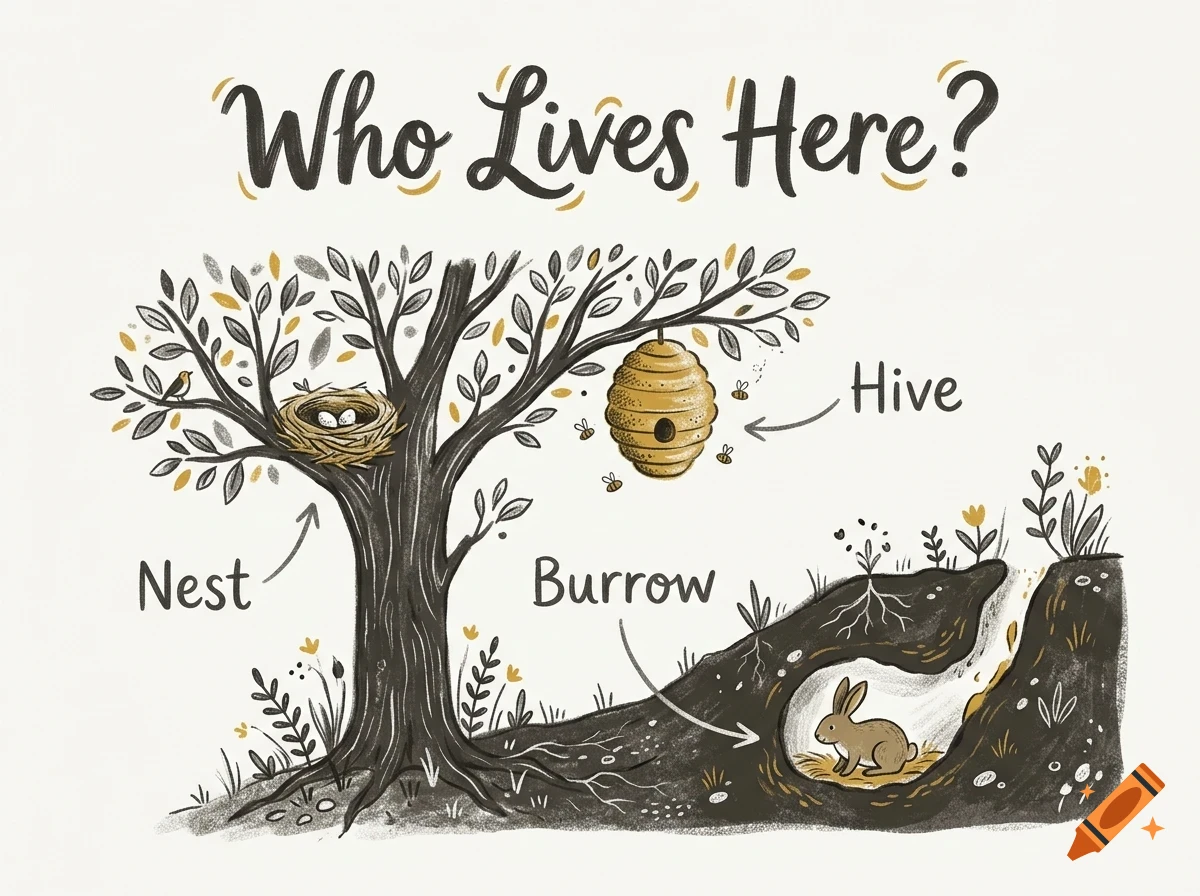 An educational illustration titled Who Lives Here showing a tree with a nest, a hive, and a rabbit burrow with labels.