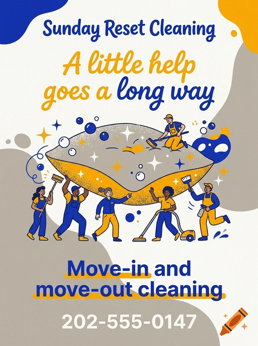 An illustrated poster for Sunday Reset Cleaning featuring workers cleaning a large cushion with brooms and vacuums.