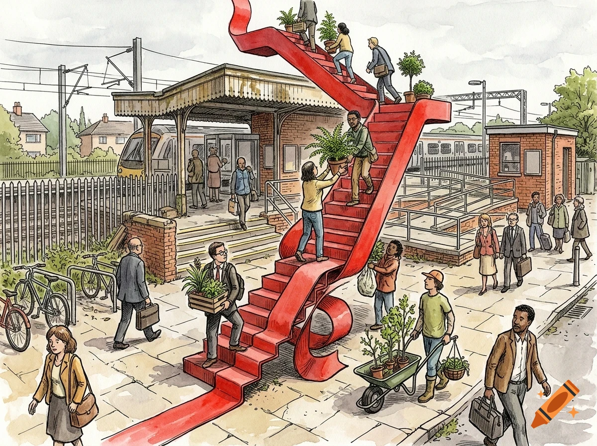 An illustrated watercolor scene of a train station platform where people are carrying plants up and down a large red ribbon-like staircase.