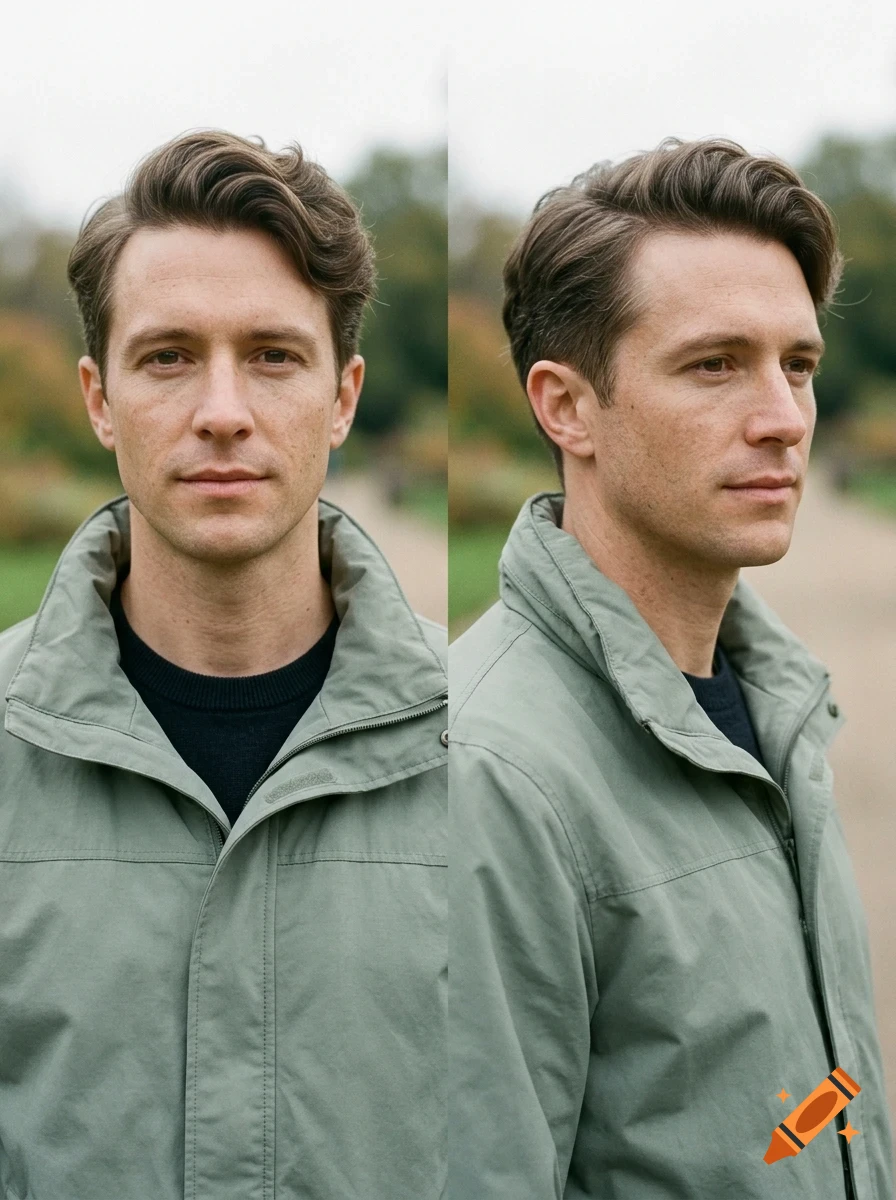 A split image showing a man's face from the front and profile, wearing a light green jacket and dark sweater outdoors.