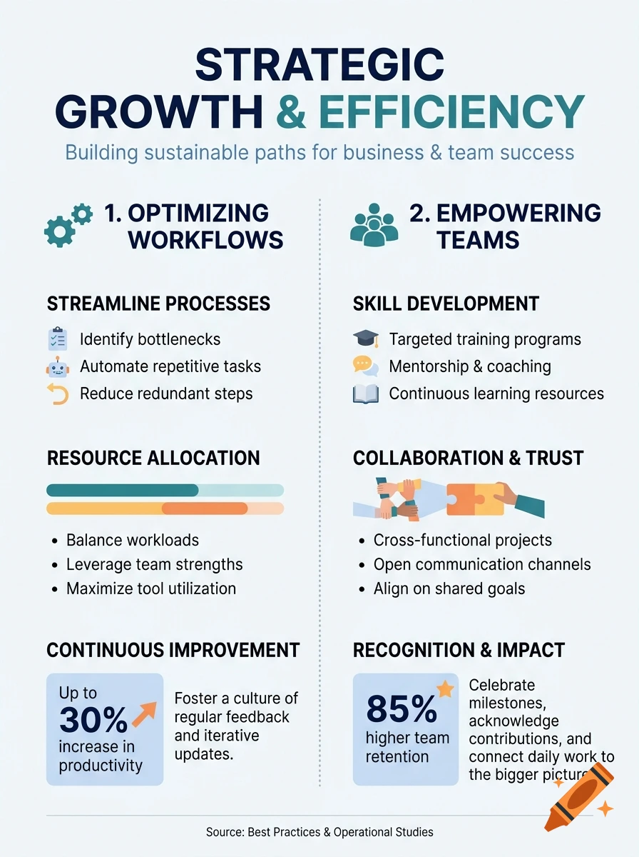 A two-column strategic growth and efficiency infographic with sections on optimizing workflows, empowering teams, resource allocation, collaboration, continuous improvement, and recognition.