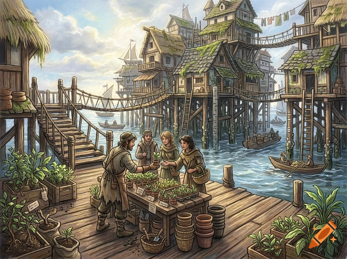 An illustrated scene of a bustling village built on stilts over water, with people trading plants on a wooden dock.