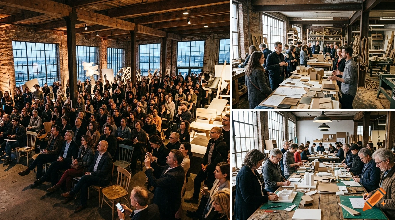 Collage of wide and medium photographs showing people gathered in a large industrial warehouse for a design event, viewing exhibits and working.