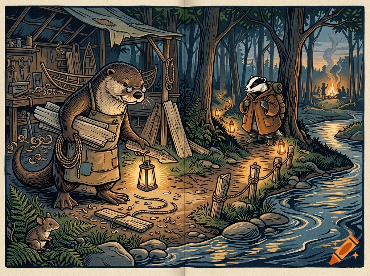 An anthropomorphic otter wearing glasses and an apron carries wood and a lantern near a workshop, while a badger walks on a forest path by a river.