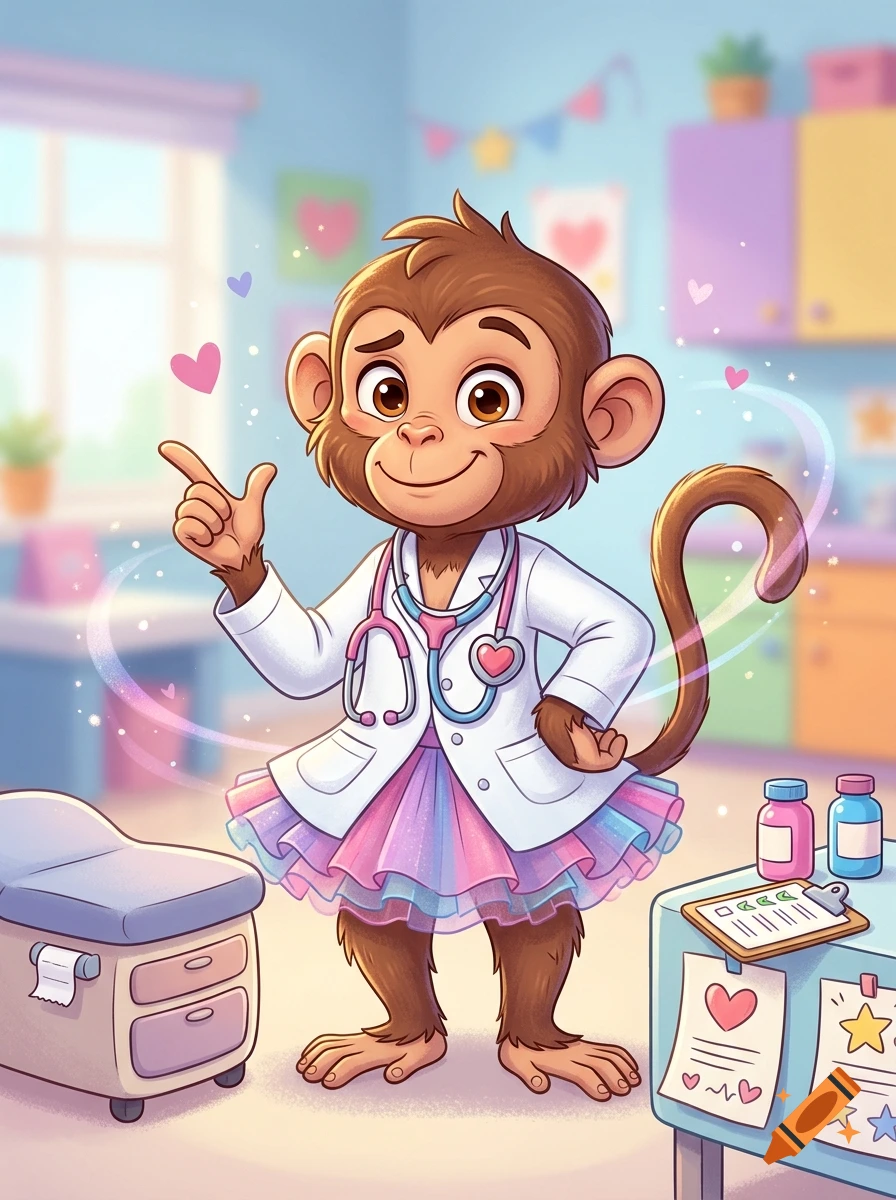 Cartoon monkey wearing a doctor coat and tutu in a clinic, digital illustration.