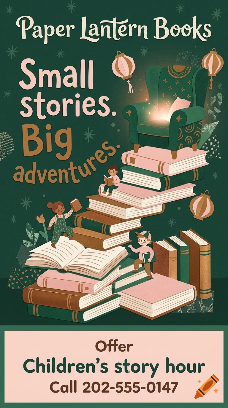 An illustrated poster featuring a stack of books leading up to a glowing armchair, with children reading books and paper lanterns hanging around.