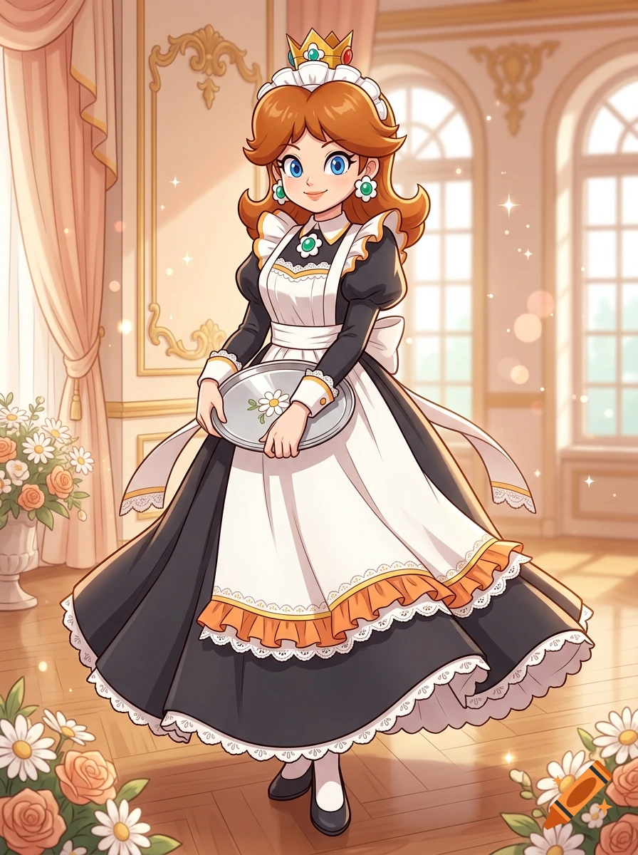 Anime-style illustration of Princess Daisy from Super Mario wearing a long maid outfit, holding a silver tray in a grand hall.
