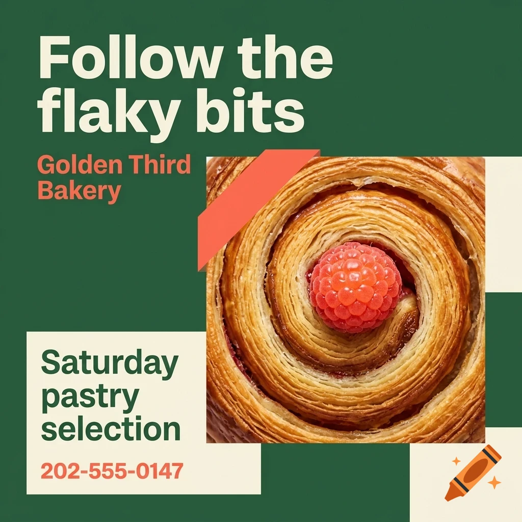 A graphic design poster with green and cream blocks, featuring a swirled pastry topped with a raspberry and text that reads Follow the flaky bits.