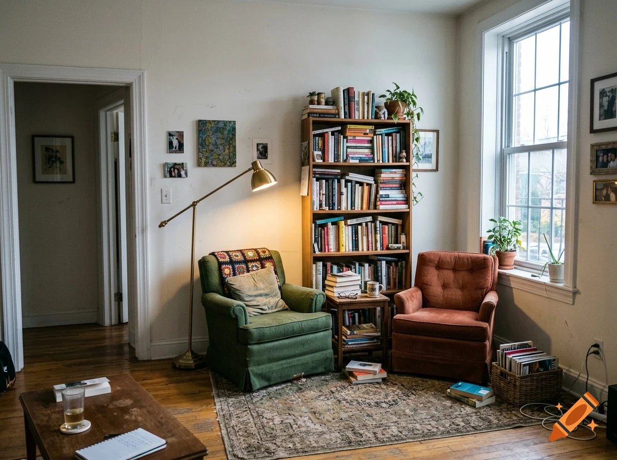A cozy living room with a green armchair, a rust-colored armchair, a tall wooden bookshelf filled with books, and a floor lamp.