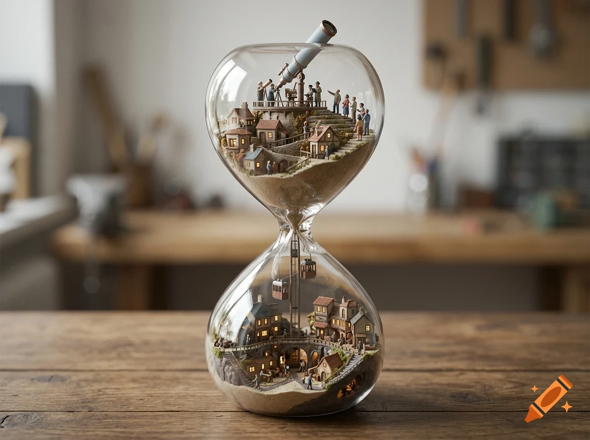 An hourglass containing a detailed miniature village, tiny houses, people, and a telescope inside on a wooden table.